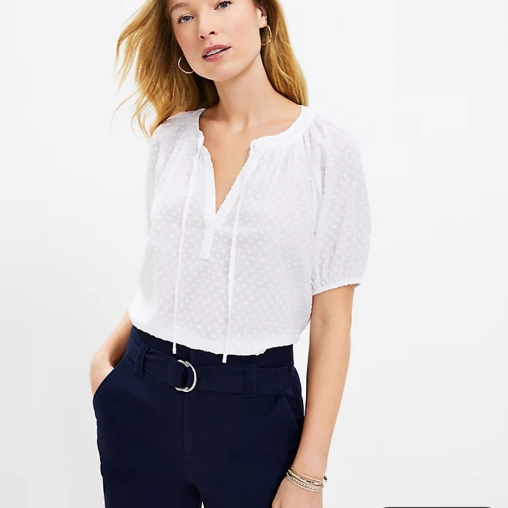 Loft Clip Tie Neck Puff Sleeve Top